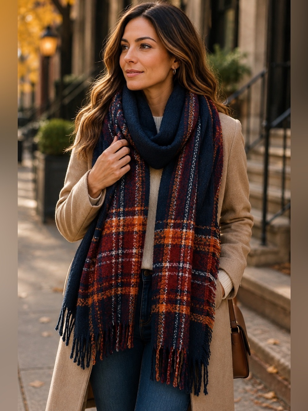 RW&CO navy blue orange red blanket scarf NWT